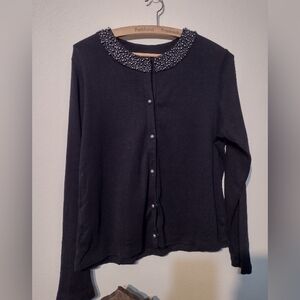 Sz L 🖤 Rafaela cardigan sweater with beautiful silver Pearl & seed bead collar